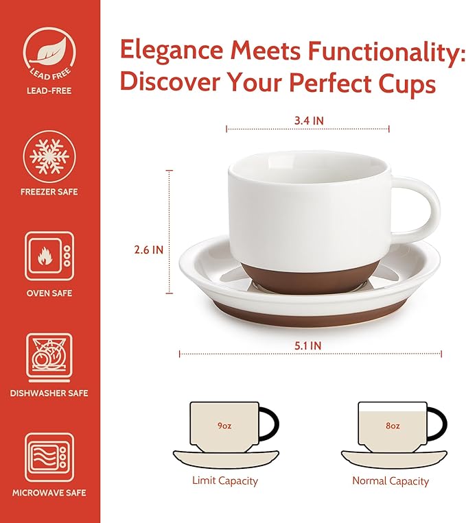 Sweese 8 Ounce Cappuccino Cups Set of 4, Porcelain Stackable Coffee Cups with Saucers and Metal Stand, Multicolor