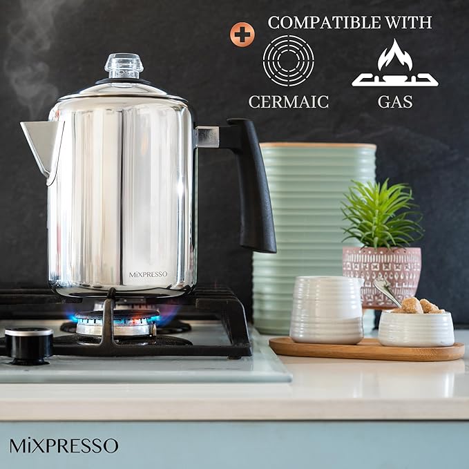 Mixpresso Stainless Steel Coffee Percolator Stovetop, 37oz Classic Percolator Coffee Pot, Great For Camping Pot, 5-8 Cup Stove Top Espresso Maker, Cool-Touch Handle