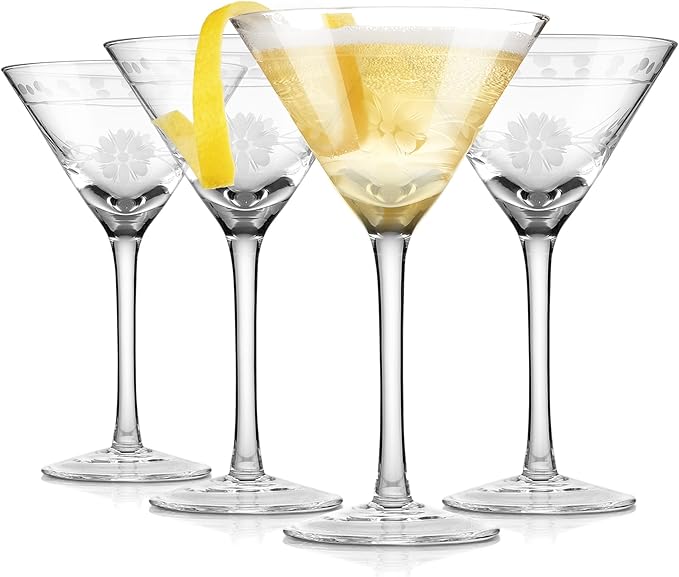 Premium Delight Vintage Cocktail Glasses Set of 4, 9 oz – Hand-Blown with Etched Long Stem, Classic Glassware for Weddings, Dinners, and Holiday Gifting (Martini Glasses)