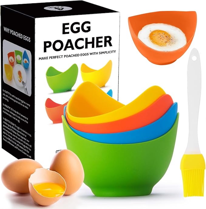 Poached Egg Cooker - Egg Poaching Cups, Non-Stick Silicone, Microwave & Stovetop, 4 Pack, BPA Free