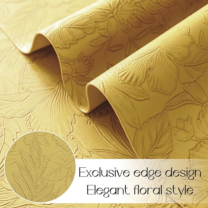 Romanstile Vinyl Placemats Set of 4-12 X 18 Inch - Heat Resistant Non-Slip Embossed Floral Place Mats 100% Waterproof Oilproof Wipeable Faux Leather Table Mats for Kitchen/Dining/Party, Yellow