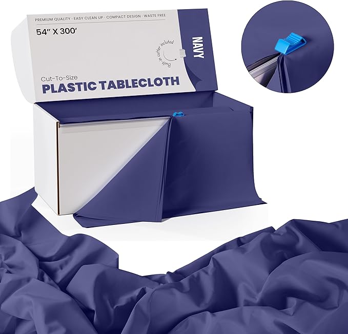 Exquisite Party Solids 54 Inch X 300 Feet Navy Plastic Table Cover Roll in A Cut - to - Size Box with Convenient Slide Cutter. Cuts Up to 36 Rectangle 8 Feet Plastic Disposable Tablecloths