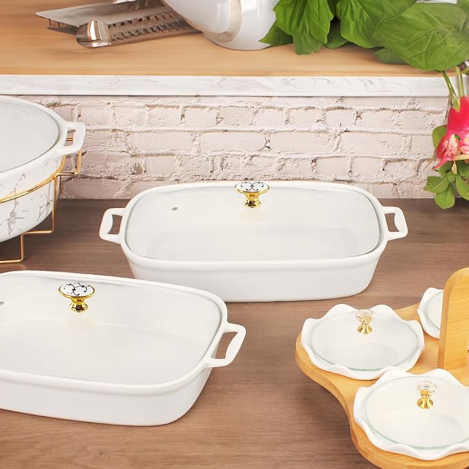11" x 8" Ceramic Rectangular Casserole Dish with Glass Lid, 1.6 Quart White Serving Soup Tureen,Chafing Dish for Buffet, Family Food preserve Tray, Catering Casserole for Party Style