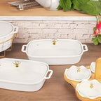 11" x 8" Ceramic Rectangular Casserole Dish with Glass Lid, 1.6 Quart White Serving Soup Tureen,Chafing Dish for Buffet, Family Food preserve Tray, Catering Casserole for Party Style