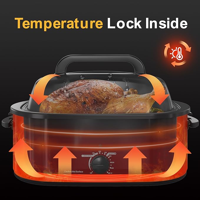 26QT Electric Roaster Oven, Electric Turkey Roaster with Viewing & Self-basting Lid, Stainless Steel Turkey Roaster Oven, RED