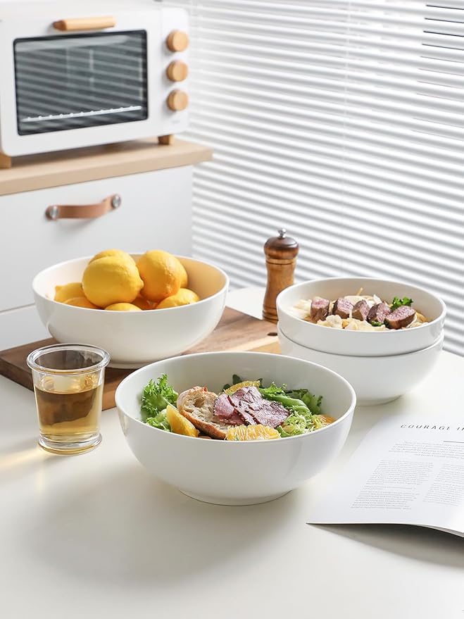 Kanwone Large Serving Bowls - 9.5 inch, 90oz Ceramic Salad Bowls, Fruit Bowls, Pasta, Soup Bowls, Set of 2, Serving Bowls for Entertaining, Microwave and Dishwasher Safe, White