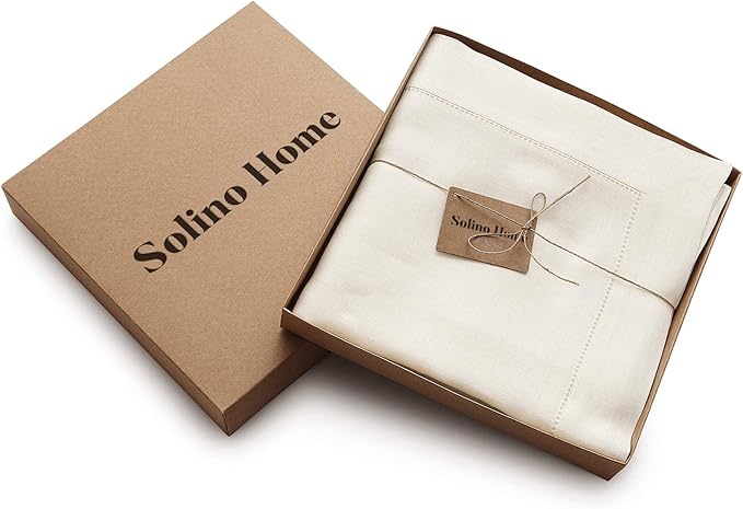 Solino Home Linen Ivory Tablecloth 60 x 144 Inch - Classic Hemstitch, 100% Pure Linen Rectangular Tablecloth - Machine Washable Table Cloth for Summer, Fall, Autumn