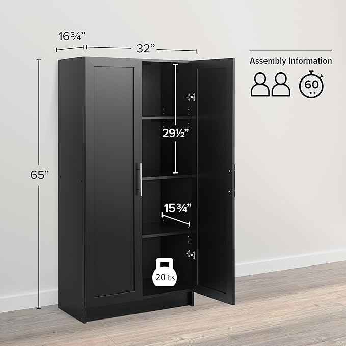 Prepac Elite Accent Cabinet with Panel Doors, Black Storage Cabinet, Bathroom Storage, Pantry Cabinet with 3 Shelves 16.75" D x 32" W x 65" H
