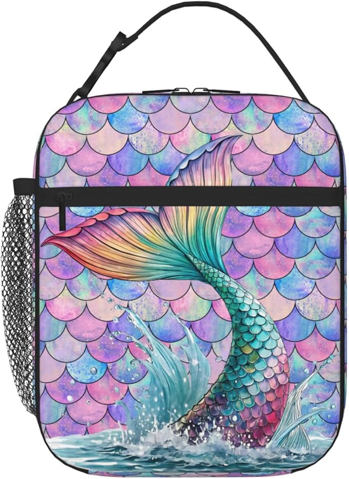 Mermaid Tail Scales Insulated Lunch Bag for Women & Men, Reusable Leak-Proof Lunch Box with Cooler Compartment, Lunch Tote for Adults Work Travel Picnic Durable & Washable