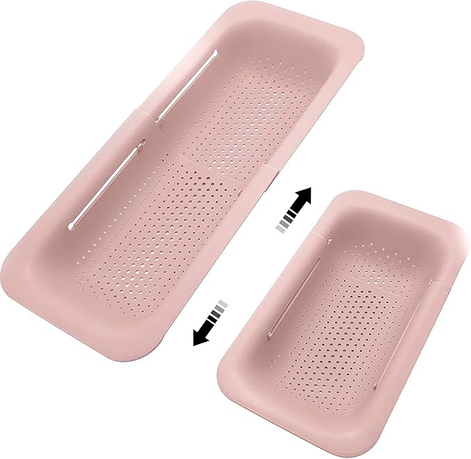 Collapsible Sink Colanders and Strainers Basket Over the Sink Colander Collapsible Colander Extendable Plastic Fruit Vegetable Strainer Drainer Basket for Kitchen(Length 14.3 inch-19.4 inch) (Pink)