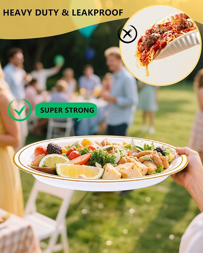 YOUBET 24PCS Oval Plastic Plates - 13 inch Super Strong White and Gold Disposable Platters, Heavy Duty Serving Trays for BBQ, Picnic, Party, Wedding, Thanksgiving