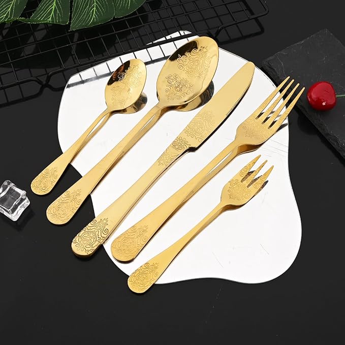 JASHII 20-piece Silverware Flatware Set Vintage Carved Floral Pattern Eating Utensils Stainless Steel Knife Fork Spoon Set Mirror Polished Dishwasher Safe - Gold