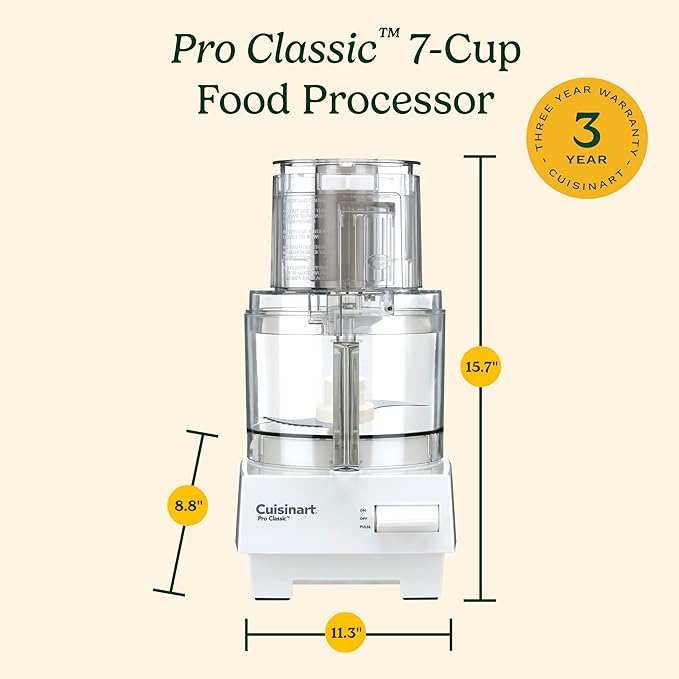 Cuisinart 7-Cup Pro Classic Food Processor, 600-Watt Motor, Vegetable Chopper & Blender for Mincing, Dicing, Shredding, Puree & Kneading Dough, DLC-10SYP1, White