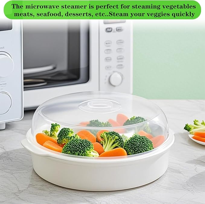 Microwave Steamer for Vegetables, Plastic Microwave Vegetable Steamer with Lid for Vegetables Prep Seafood Fish Cooking, White-Round, 10Inch