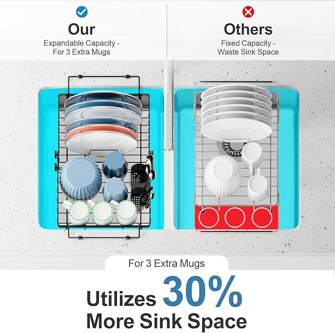 iSPECLE Expandable in Sink Dish Drying Rack - Adjustable Capacity (12.4''-17.1''L) Over The Sink Dish Drainer Drying Rack for Kitchen Counter and Sink, Dish Rack with Utensil Holder, Black