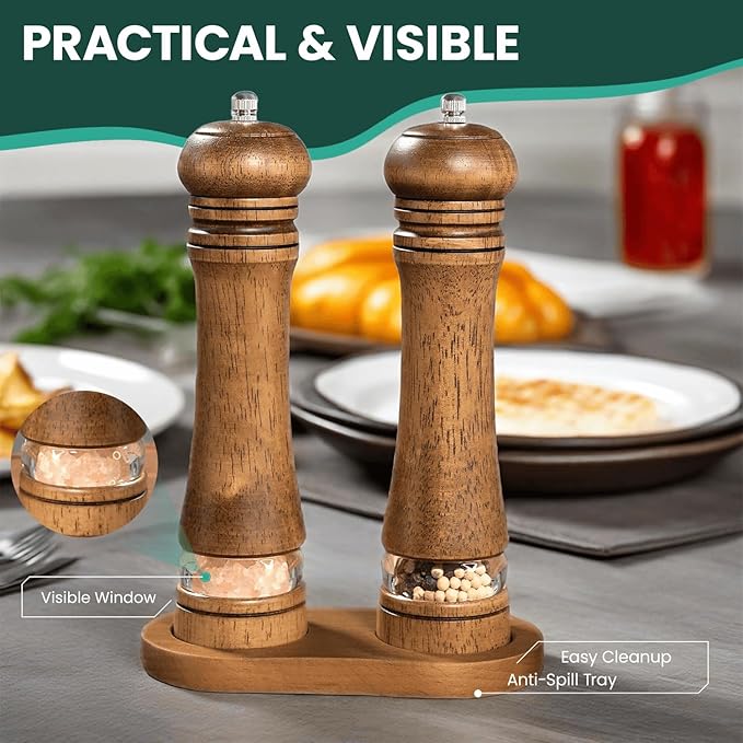 2-Piece Salt and Pepper Grinder Set with Wood Tray, 8 Inch Wooden Salt and Pepper Mills with Adjustable Coarseness, Refillable Manual Pepper Mill Grinder for Home Cooks (Brown)
