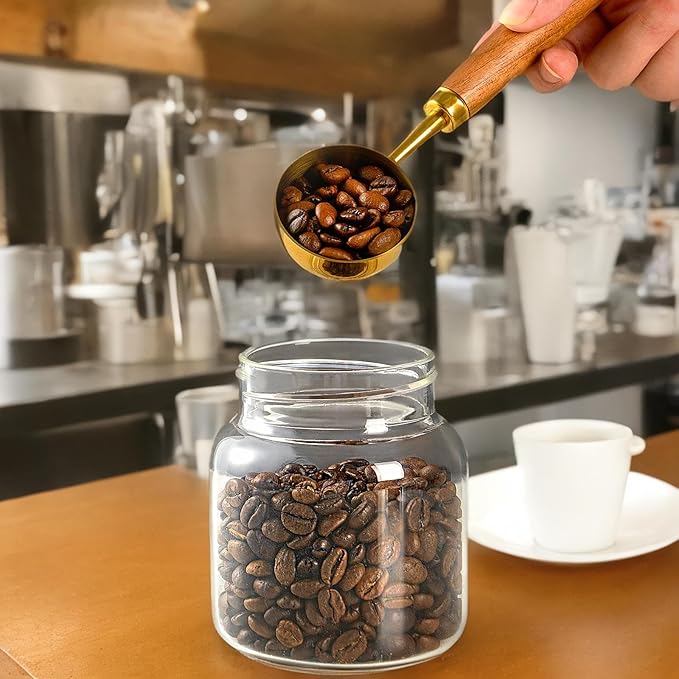 Coffee Scoop For Ground Coffee,Coffee Beans And Tea,10g Capacity-304 Stainless Steel Coffee Spoon With Nature Walnut wood Handle,Golden Yellow(With A Burlap Cord &Thickened Storage Bag)