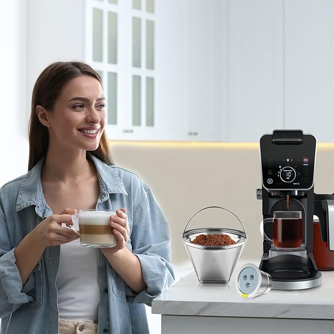 Stainless Steel Reusable Coffee Filter Compatible with Ninja Dual Brew Coffee Maker, Reusable Coffee Pods with 4 Cone Coffee Filters, Reusable k cups fit for Ninja CFP201,301
