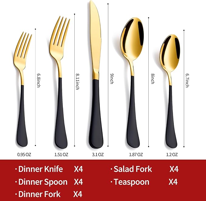 20-Piece Gold Silverware Set 18/0 Stainless Steel Flatware Black Handle Cutlery Set Service for 4 Dinner Knives Forks Spoons Set Mirror Finish Dishwasher Safe