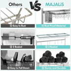 MAJALiS Over Sink Dish Drainer Drying Rack, 2 Tier Stainless Steel Dish Rack Over Sink Sink Length Adjustable (33.5-40 in), Expandable Drainer Shelf Rack with Multifunctional Organizers, Sliver