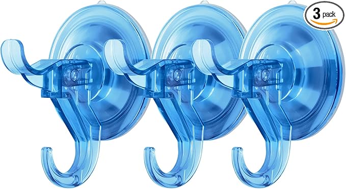 Antimbee 3 Pack Suction Hooks, Clear Suction Hangers for Shower, Bathroom, Glass, Door, Windows, Kitchen-Up to 11 lbs on Smooth Surface (Transparent Blue)