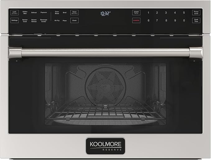 KoolMore KM-CWO24-AFSS Reserve Built-in Microwave Convection Oven with Air Fry, 3-in-1 Combo, Sensor Cook, Soft-Close Door, Stainless Steel, Premium 24 in. /1.6 cu. ft, Black