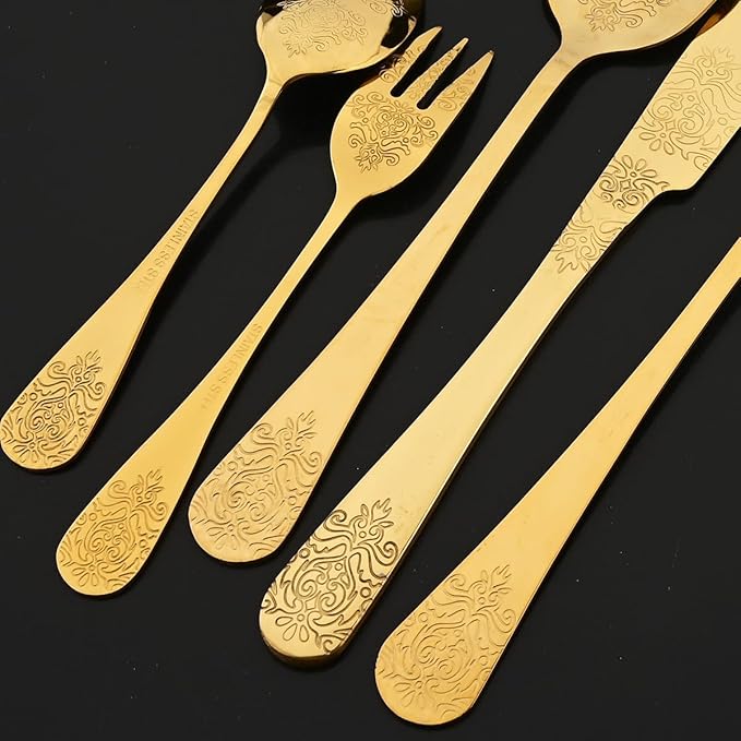 JASHII 20-piece Silverware Flatware Set Vintage Carved Floral Pattern Eating Utensils Stainless Steel Knife Fork Spoon Set Mirror Polished Dishwasher Safe - Gold