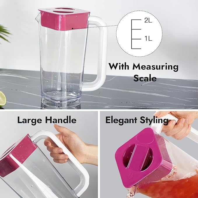 CURTA 1 Pack 2 Liters/68 oz Plastic Square Pitcher with Lid & Handle for Kitchen,ICED JUICE and Coffee Carafe Beverage Serveware, Acrylic Water Jug for Hot/Cold Drinks&lemonade