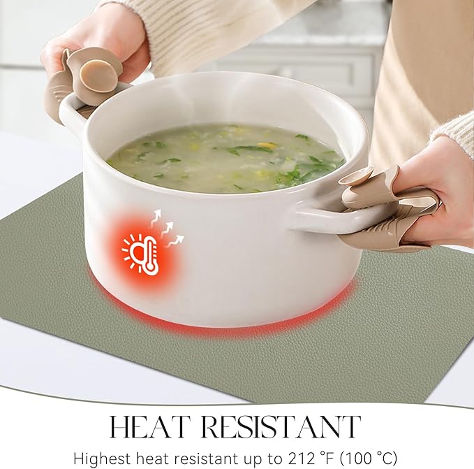 MOSAYT Vinyl Placemats Set of 8, Heat Resistant Place Mats 100% Waterproof Washable & Wipeable Faux Leather Reversible Table Mats for Kitchen Dining Party Outdoor, 12" x 17", Light Grey/Sage Green