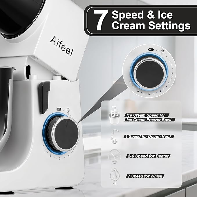 Aifeel Stand Mixer,6.5QT Mixer with 2QT Ice Cream Maker Bowl, Kitchen Electric Mixer Multifunctional Bread Dough Mixer with Dough Hook,Whisk & Beater, Food Mixer for Baking (Black-White)