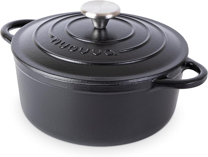 Cast Iron Dutch Oven with Lid – Non-Stick Ovenproof Enamelled Casserole Pot – Sturdy Dutch Oven Cookware – Black, 3.1-Quart, 22cm – by Nuovva
