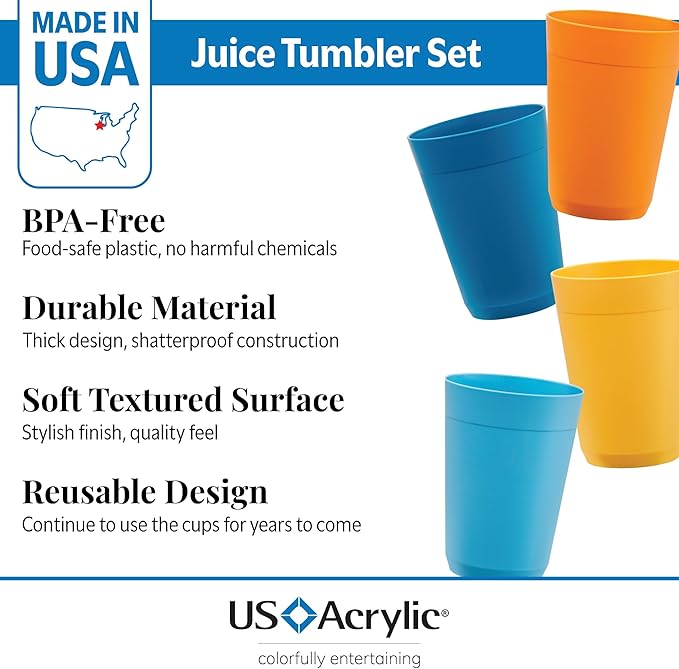 US Acrylic Newport 10 ounce Unbreakable Plastic Stackable Juice Tumblers in 4 Sunrise Colors | Set of 12 Drinking Cups | Reusable, BPA-free, Made in the USA, Top-rack Dishwasher and Microwave Safe