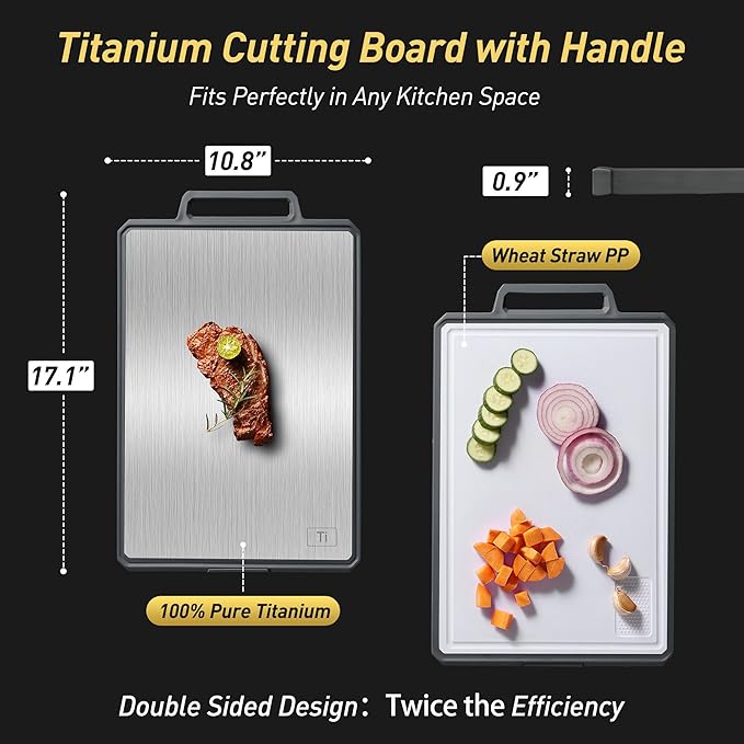 Titanium Cutting Boards for Kitchen Chopping Board with Handle Large Big Small Kitchen Meat Butcher Block 2 in 1 Pure Titanium and Wheat Straw PP Not Wood Bamboo Plastic Silicone Teak Grey/White
