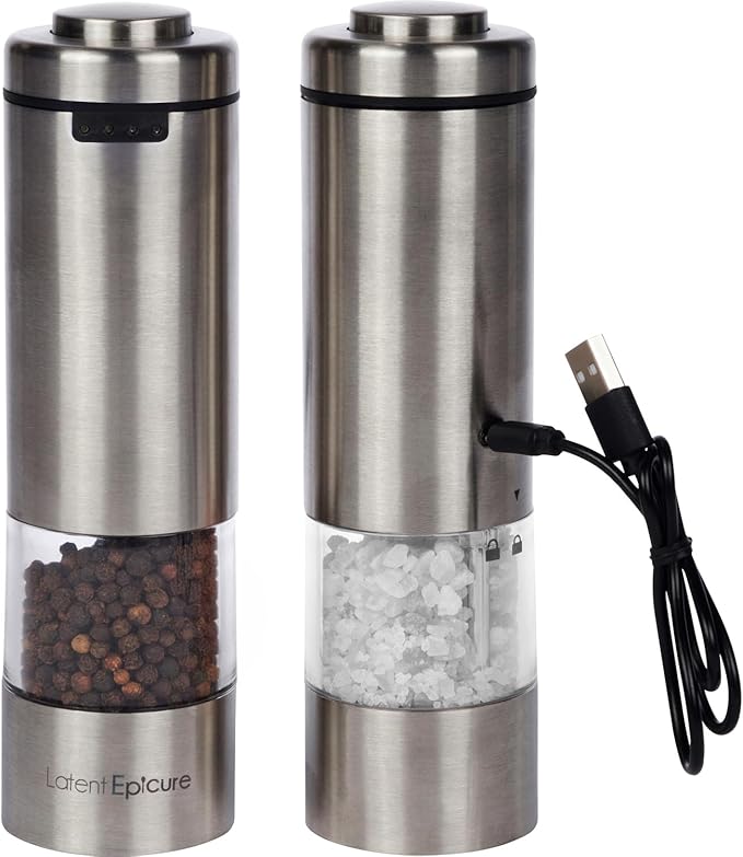 USB-C Electric Salt and Pepper Grinder Set (pack of 2) - Stainless Steel Salt & Pepper Mills with LED Light - Complimentary Mill Rest- One Handed Operation Adjustable Ceramic Grinders