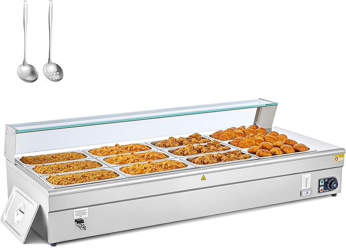 WILPREP 12-Pan Commercial Food Warmer with Sneeze Guard, Twelve 1/3 Pans, 1500W Countertop Electric Steam Table, 86-185°F Adjustable Temp Control, Stainless Steel Buffet Bain Marie