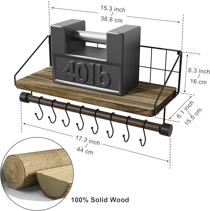 Alsonerbay Floating Shelves Wood Shelves for Wall, Rustic Wood Kitchen Shelf with Towel Bar and 8 Removable Hooks for Hanging Cooking Utensils or Mugs