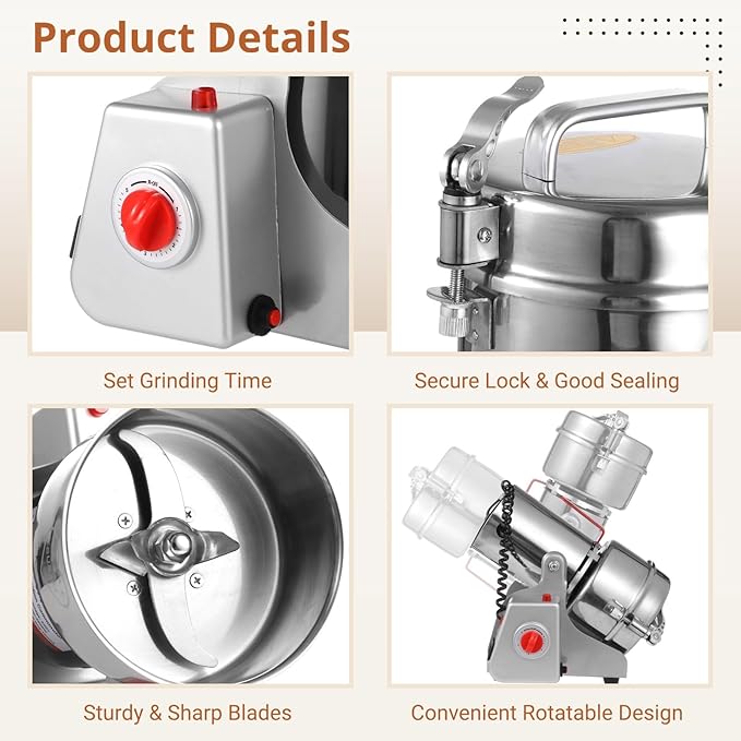 Grain Mill Grinder 800g, Electric Stainless Steel High-Speed Spice Herb Grinder, 3200W Swing Type Cereals Corn Flour Pulverizer Powder Machine for Dry Spice Herbs Grains Coffee Rice Pepper