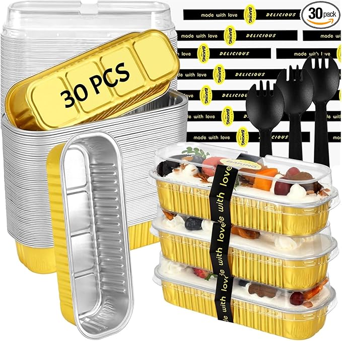 Mini Loaf Pans with Lids and Spoons Sealing Sticker,30 Pcs 6.8oz Cake Pans for Baking Disposable Aluminum Foil Red cake pan (30 PCS GOLD)