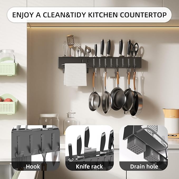 NET MEYA Stainless Steel Pot and Pan Hanger,Wall Mounted Pot Rack Kitchen Hanging Rail With S Hooks,Detachable Pans Hanging Rail Kitchen Lids Utensils Hanger,19.7 InchWall Mounted Hanging Pot Rack