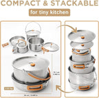 Living in a Bubble Premium 7-Piece Stainless Steel Cooking Set. Tri-Layer Bonded Stainless-Steel - Ergonomic Handles with Silicone Sleeve - Compact & Stackable