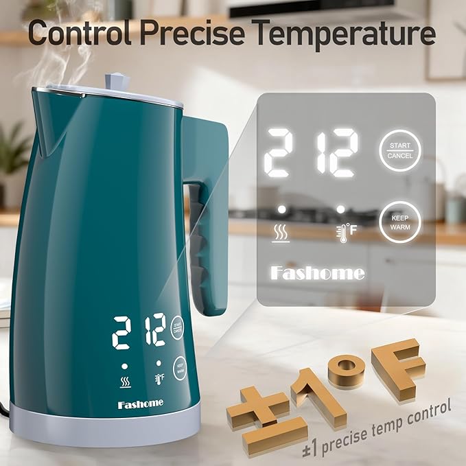 Temperature Control Electric Kettle, 5 Temp Presets, 2H Keep Warm,1.25L 1200W Fast Boil with LED Display, Cool-Touch Design with Auto Shut-Off, Cordless Design, Ideal for Tea and Coffee(Green）