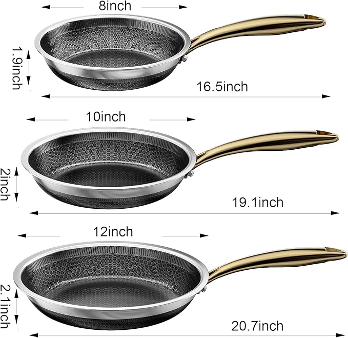 Fogdream 8"10"12" Stainless Steel Pan, Non Stick Frying Skillet with Lid, Tri-Ply Stainless Steel for All Cooktops, Dishwasher and Oven-Safe Cooking Pan, Stay-Cool Handle, Gold