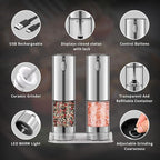 Electric Salt and Pepper Grinder Set, Rechargeable Pepper Grinder LED lights, Stainless Steel Automatic Salt and Pepper Mill Set, Refillable with 5 Adjustable Coarseness Silver