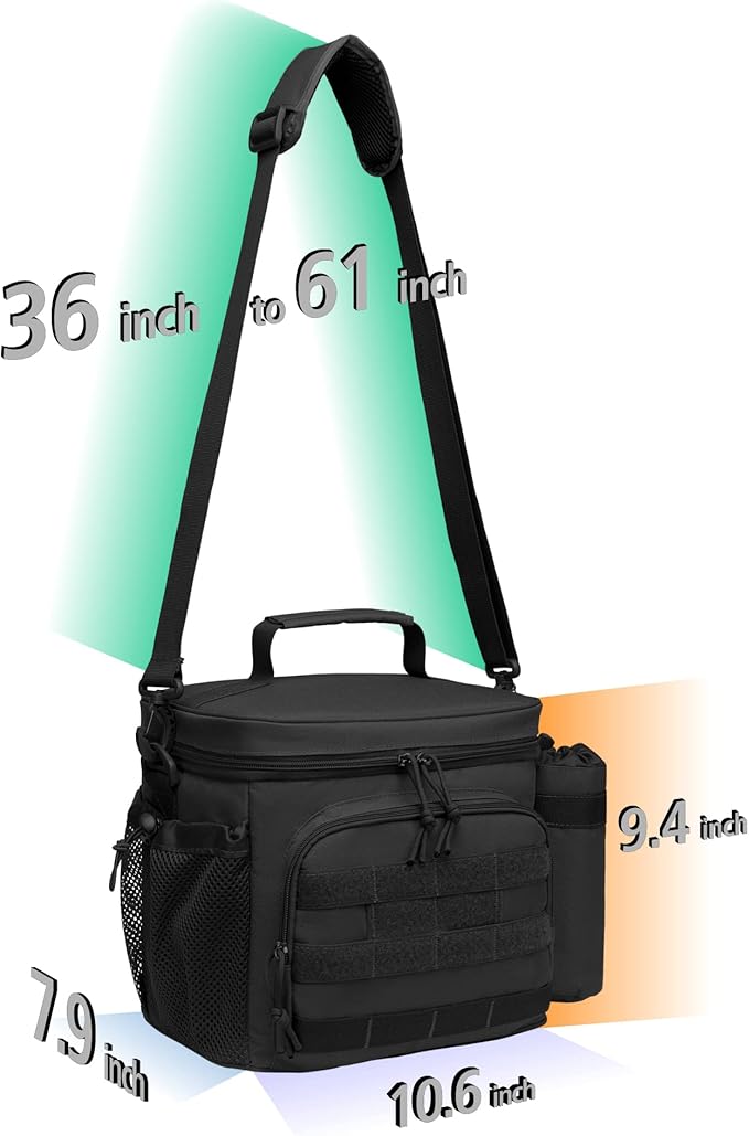 TACTICISM Tactical Lunch Box for Men, 12L Molle Lunch Bag with Detachable Water Bottle Pouch and Molle Pouch, Black