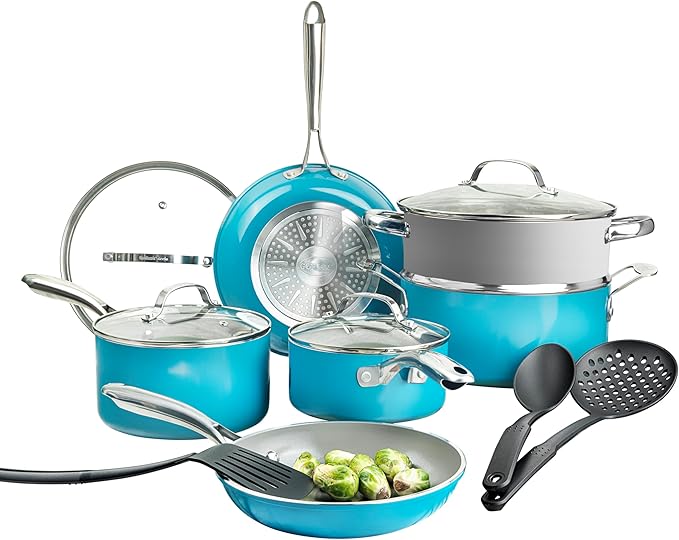 Gotham Steel 15 Pc Ceramic Cookware Set, Ceramic Pots and Pans Set Non Stick with Cooking Utensils and Steamer, Non Toxic PFOA PFOS Free, Premium Stay Cool Handles, Oven & Dishwasher Safe, Blue