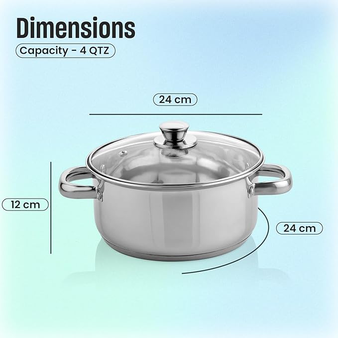 MARBELLA 4 Quart Stainless Steel Stockpot with Glass Lid – Heavy Duty Casserole for Stew, Soup, Induction, Gas & Dishwasher Safe (Silver)