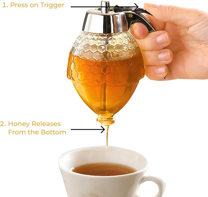 Hunnibi 8oz No Drip Glass Honey Dispenser with Plastic Top - Honeycomb-Style Syrup Server and Bee-Themed Storage Jar with Stand - 6" Clear Container for Honey, Maple Syrup