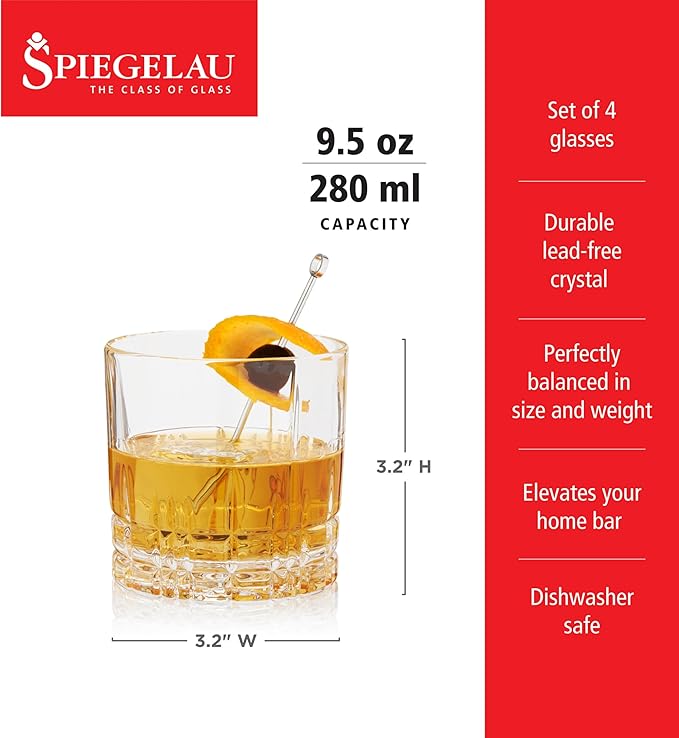 Spiegelau Perfect Serve Single Old Fashioned Glass Set of 4 - Lowball Cocktail Glasses, European-Made Crystal, Dishwasher Safe, Professional Quality Cocktail Glass Gift Set - 9.5 oz