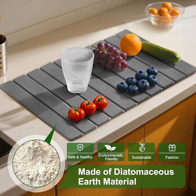Large Stone Dish Drying Mat For Kitchen Counter, 24 x 16 Inch Collapsible Stone Drying Mat, Quick Dry Absorbent Diatomaceous Earth Mat, Self-Drying Dish Drying Mat For Dishes Sink Bathtub-Gray