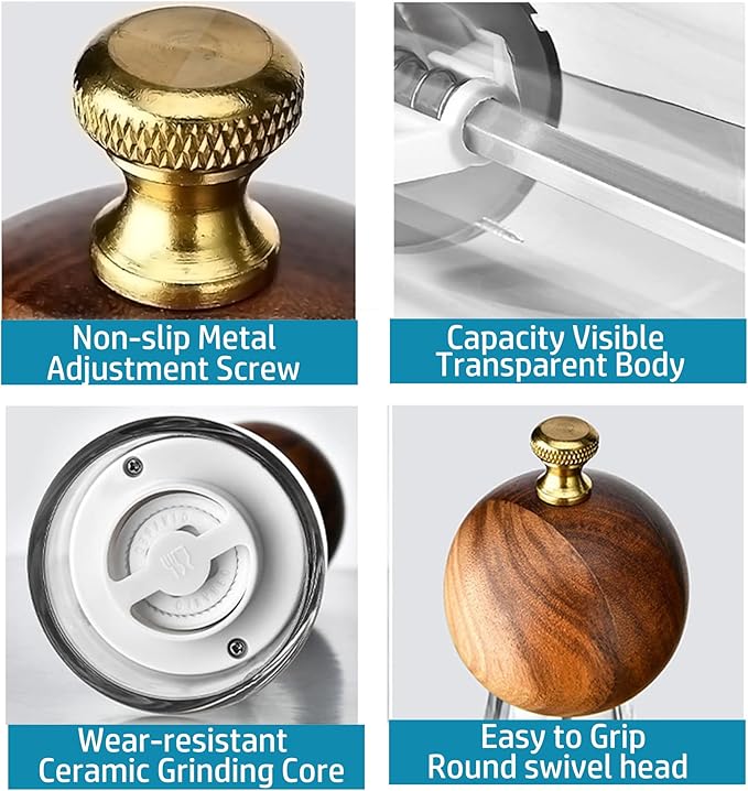 Pepper Grinder Set & Pepper Mills，Classic Manual Transparent Acrylic Rotor，2PCS 8IN High Capacity Pepper & Salt Grinder Seasoning Bottle，Ceramic Core With Adjustable Grain Size Mill for Fresh Spices